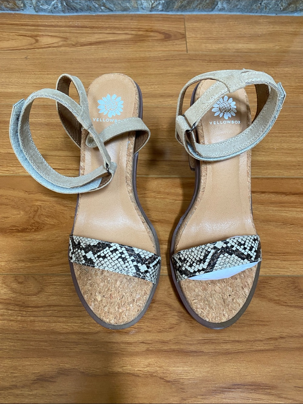 NWOT Yellow Box Beige Snake-Print Cork Footbed Sandals